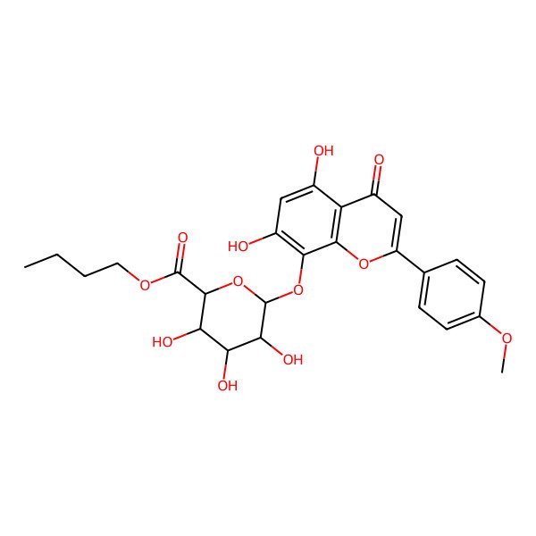 2D Structure of butyl (2R,3R,4R,5S,6R)-6-[5,7-dihydroxy-2-(4-methoxyphenyl)-4-oxochromen-8-yl]oxy-3,4,5-trihydroxyoxane-2-carboxylate