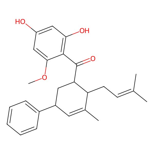 2D Structure of (2,4-dihydroxy-6-methoxyphenyl)-[(1R,2R,5R)-3-methyl-2-(3-methylbut-2-enyl)-5-phenylcyclohex-3-en-1-yl]methanone