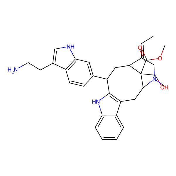 2D Structure of methyl 12-[3-(2-aminoethyl)-1H-indol-6-yl]-15-ethylidene-18-(hydroxymethyl)-17-methyl-10,17-diazatetracyclo[12.3.1.03,11.04,9]octadeca-3(11),4,6,8-tetraene-18-carboxylate