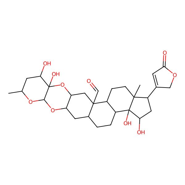 2D Structure of (1S,3R,5S,7R,9S,10S,12R,14R,18R,19R,21R,22S)-9,10,21,22-tetrahydroxy-7,18-dimethyl-19-(5-oxo-2H-furan-3-yl)-4,6,11-trioxahexacyclo[12.11.0.03,12.05,10.015,23.018,22]pentacosane-14-carbaldehyde