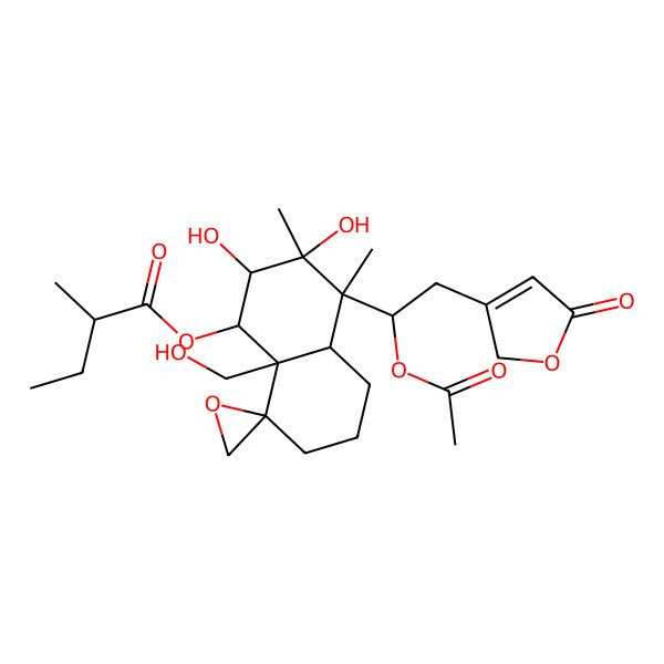 2D Structure of [(1R,2S,3R,4S,4aR,8R,8aR)-4-[(1S)-1-acetyloxy-2-(5-oxo-2H-furan-3-yl)ethyl]-2,3-dihydroxy-8a-(hydroxymethyl)-3,4-dimethylspiro[1,2,4a,5,6,7-hexahydronaphthalene-8,2'-oxirane]-1-yl] 2-methylbutanoate
