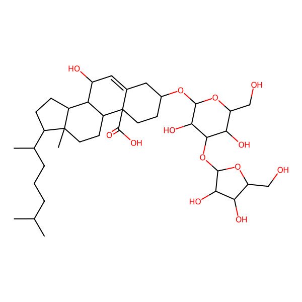 2D Structure of (3S,7R,8S,9S,10S,13R,14S,17R)-3-[(2R,3R,4S,5R,6R)-4-[(2S,3S,4S,5R)-3,4-dihydroxy-5-(hydroxymethyl)oxolan-2-yl]oxy-3,5-dihydroxy-6-(hydroxymethyl)oxan-2-yl]oxy-7-hydroxy-13-methyl-17-[(2R)-6-methylheptan-2-yl]-2,3,4,7,8,9,11,12,14,15,16,17-dodecahydro-1H-cyclopenta[a]phenanthrene-10-carboxylic acid