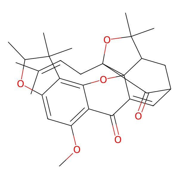 2D Structure of 11-Methoxy-6,6,7,20,20-pentamethyl-18-(3-methylbut-2-enyl)-3,8,19-trioxahexacyclo[14.4.1.02,14.02,18.04,12.05,9]henicosa-4,9,11,14-tetraene-13,17-dione