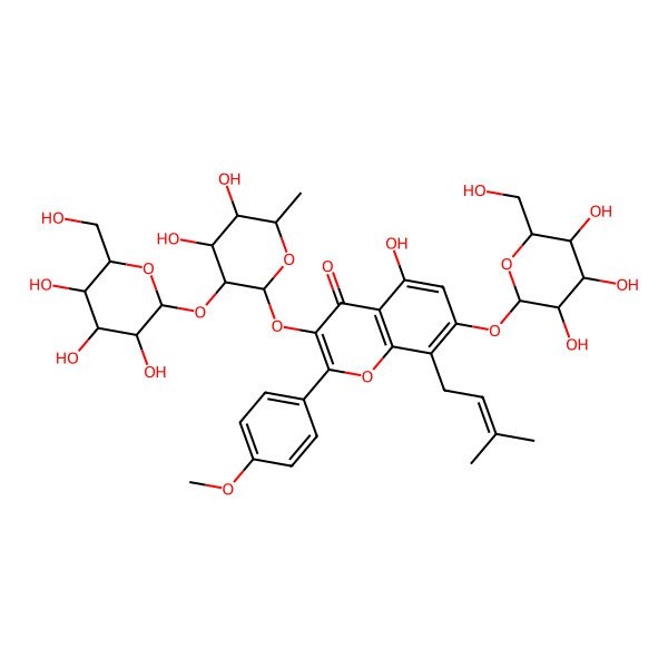 2D Structure of 3-[(2S,3R,4S,5R,6S)-4,5-dihydroxy-6-methyl-3-[(2S,3S,4R,5S,6R)-3,4,5-trihydroxy-6-(hydroxymethyl)oxan-2-yl]oxyoxan-2-yl]oxy-5-hydroxy-2-(4-methoxyphenyl)-8-(3-methylbut-2-enyl)-7-[(2S,3S,4S,5S,6S)-3,4,5-trihydroxy-6-(hydroxymethyl)oxan-2-yl]oxychromen-4-one