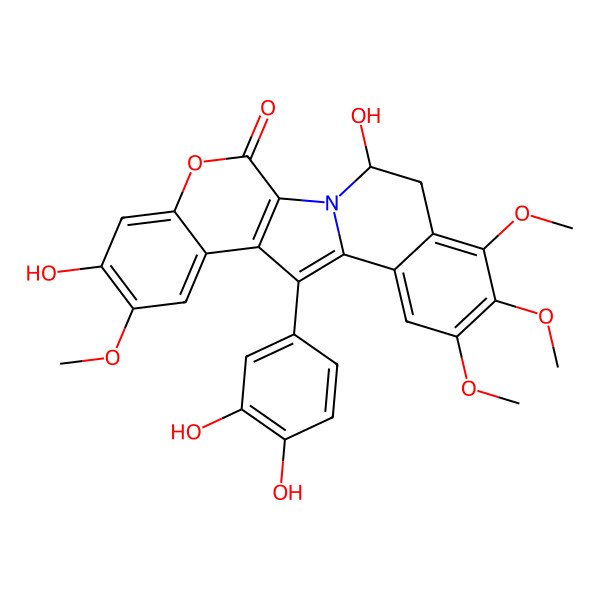 2D Structure of 12-(3,4-Dihydroxyphenyl)-7,21-dihydroxy-8,16,17,18-tetramethoxy-4-oxa-1-azapentacyclo[11.8.0.02,11.05,10.014,19]henicosa-2(11),5,7,9,12,14,16,18-octaen-3-one