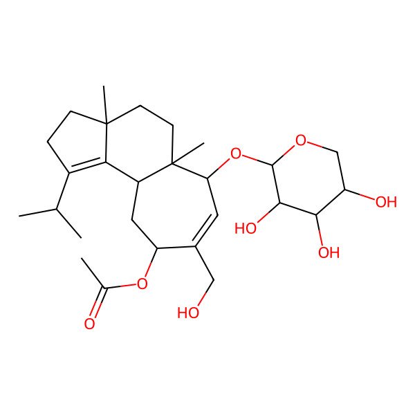 2D Structure of [8-(Hydroxymethyl)-3a,5a-dimethyl-1-propan-2-yl-6-(3,4,5-trihydroxyoxan-2-yl)oxy-2,3,4,5,6,9,10,10a-octahydrocyclohepta[e]inden-9-yl] acetate