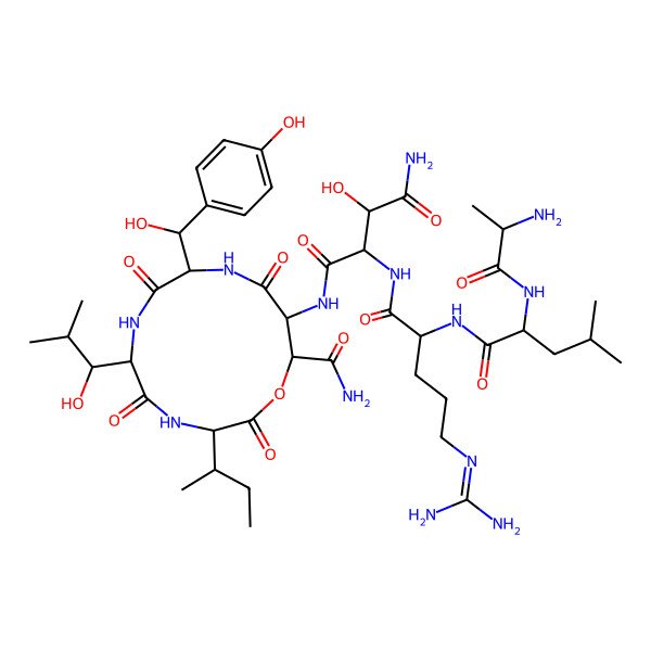 2D Structure of 3-[[2-[[2-(2-aminopropanoylamino)-4-methylpentanoyl]amino]-5-(diaminomethylideneamino)pentanoyl]amino]-N'-[3-butan-2-yl-13-carbamoyl-9-[hydroxy-(4-hydroxyphenyl)methyl]-6-(1-hydroxy-2-methylpropyl)-2,5,8,11-tetraoxo-1-oxa-4,7,10-triazacyclotridec-12-yl]-2-hydroxybutanediamide