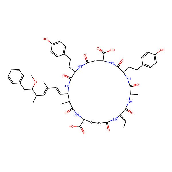 2D Structure of 2-Ethylidene-8,15-bis[2-(4-hydroxyphenyl)ethyl]-18-(6-methoxy-3,5-dimethyl-7-phenylhepta-1,3-dienyl)-5,19-dimethyl-3,6,9,13,16,20,25-heptaoxo-1,4,7,10,14,17,21-heptazacyclopentacosane-11,22-dicarboxylic acid