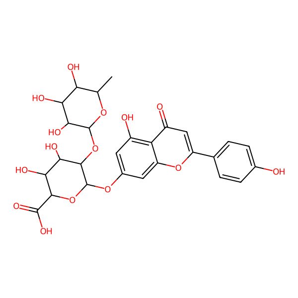2D Structure of beta-D-Galactopyranosiduronic acid, 5-hydroxy-2-(4-hydroxyphenyl)-4-oxo-4H-1-benzopyran-7-yl 2-O-(6-deoxy-alpha-L-mannopyranosyl)-