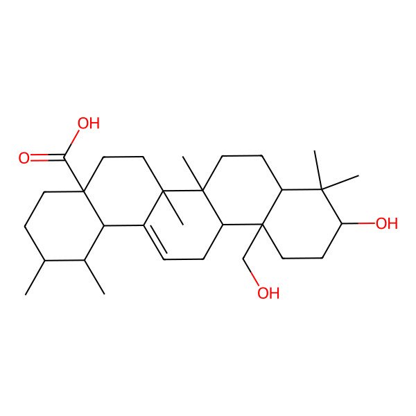 2D Structure of (1S,2R,4aS,6aS,6aS,6bR,8aS,10S,12aS,14bR)-10-hydroxy-12a-(hydroxymethyl)-1,2,6a,6b,9,9-hexamethyl-2,3,4,5,6,6a,7,8,8a,10,11,12,13,14b-tetradecahydro-1H-picene-4a-carboxylic acid
