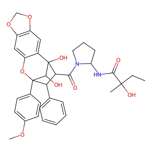 2D Structure of (2S)-N-[(2S)-1-[(1R,12R,13R,14S,15R)-1,15-dihydroxy-12-(4-methoxyphenyl)-13-phenyl-5,7,11-trioxatetracyclo[10.2.1.02,10.04,8]pentadeca-2,4(8),9-triene-14-carbonyl]pyrrolidin-2-yl]-2-hydroxy-2-methylbutanamide