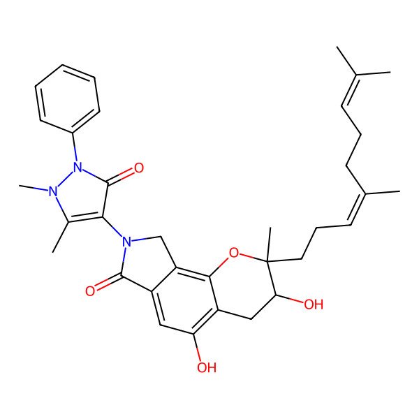 2D Structure of (2S,3S)-2-(4,8-dimethylnona-3,7-dienyl)-8-(1,5-dimethyl-3-oxo-2-phenylpyrazol-4-yl)-3,5-dihydroxy-2-methyl-4,9-dihydro-3H-pyrano[2,3-e]isoindol-7-one