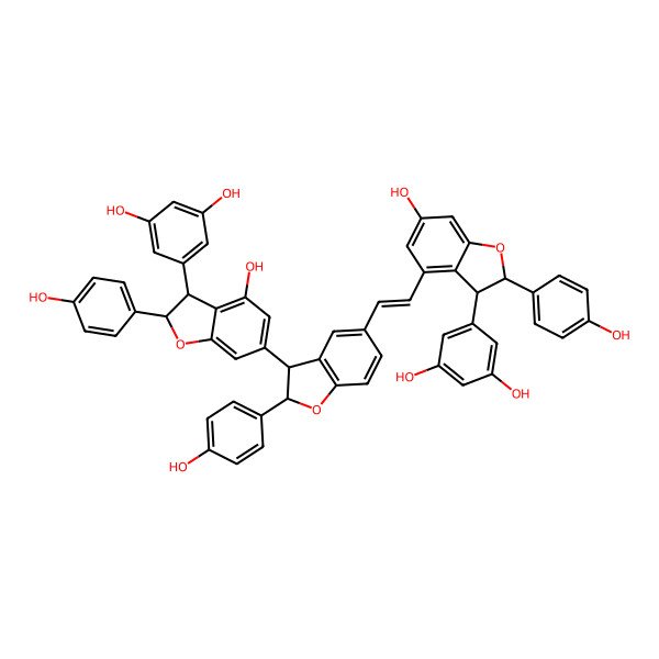 2D Structure of 5-[(2R,3R)-6-[(2R,3R)-5-[(E)-2-[(2R,3R)-3-(3,5-dihydroxyphenyl)-6-hydroxy-2-(4-hydroxyphenyl)-2,3-dihydro-1-benzouran-4-yl]ethenyl]-2-(4-hydroxyphenyl)-2,3-dihydro-1-benzouran-3-yl]-4-hydroxy-2-(4-hydroxyphenyl)-2,3-dihydro-1-benzouran-3-yl]benzene-1,3-diol