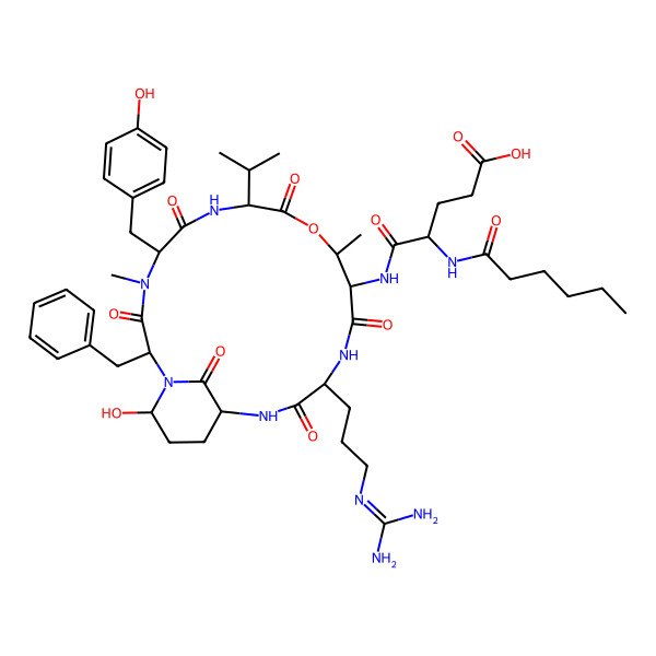 2D Structure of 5-[[2-Benzyl-15-[3-(diaminomethylideneamino)propyl]-21-hydroxy-5-[(4-hydroxyphenyl)methyl]-4,11-dimethyl-3,6,9,13,16,22-hexaoxo-8-propan-2-yl-10-oxa-1,4,7,14,17-pentazabicyclo[16.3.1]docosan-12-yl]amino]-4-(hexanoylamino)-5-oxopentanoic acid
