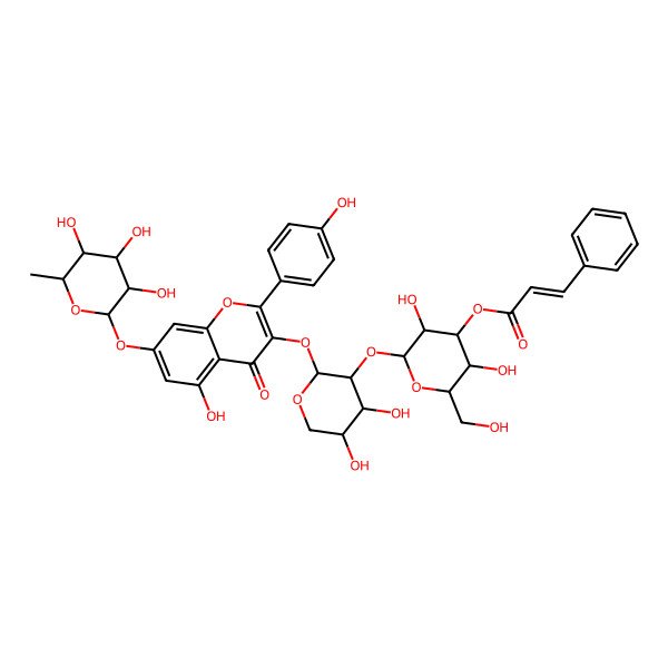 2D Structure of [(2S,3R,4S,5R,6R)-2-[(2S,3R,4S,5R)-4,5-dihydroxy-2-[5-hydroxy-2-(4-hydroxyphenyl)-4-oxo-7-[(2S,3R,4R,5R,6S)-3,4,5-trihydroxy-6-methyloxan-2-yl]oxychromen-3-yl]oxyoxan-3-yl]oxy-3,5-dihydroxy-6-(hydroxymethyl)oxan-4-yl] (E)-3-phenylprop-2-enoate
