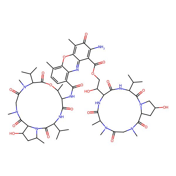 2D Structure of [2-Hydroxy-2-(17-hydroxy-9,10,13-trimethyl-2,5,8,11,14-pentaoxo-3-propan-2-yl-1,4,7,10,13-pentazabicyclo[13.3.0]octadecan-6-yl)ethyl] 2-amino-9-[[17-hydroxy-7,11,14,19-tetramethyl-2,5,9,12,15-pentaoxo-3,10-di(propan-2-yl)-8-oxa-1,4,11,14-tetrazabicyclo[14.3.0]nonadecan-6-yl]carbamoyl]-4,6-dimethyl-3-oxophenoxazine-1-carboxylate