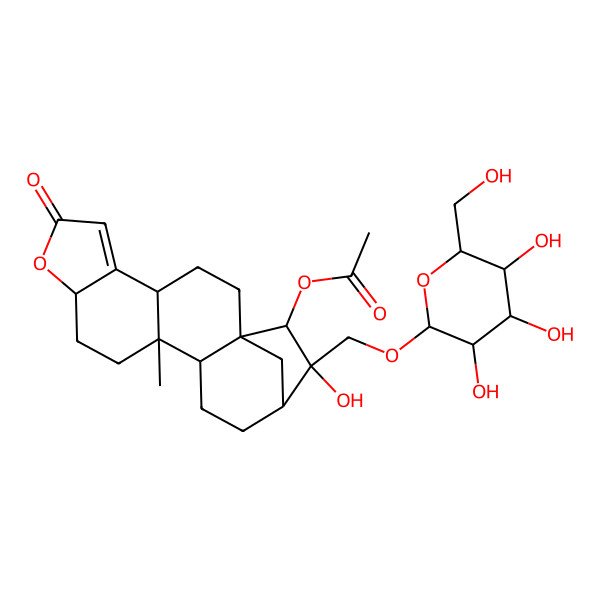 2D Structure of [17-Hydroxy-12-methyl-7-oxo-17-[[3,4,5-trihydroxy-6-(hydroxymethyl)oxan-2-yl]oxymethyl]-8-oxapentacyclo[14.2.1.01,13.04,12.05,9]nonadec-5-en-18-yl] acetate
