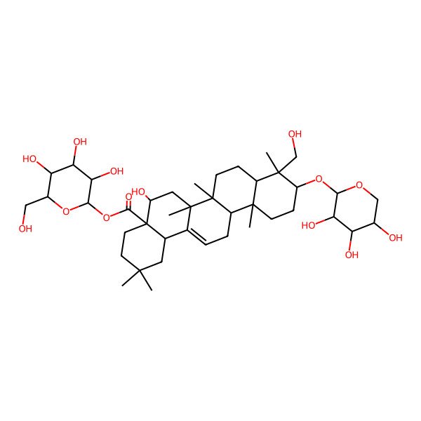 2D Structure of [3,4,5-Trihydroxy-6-(hydroxymethyl)oxan-2-yl] 5-hydroxy-9-(hydroxymethyl)-2,2,6a,6b,9,12a-hexamethyl-10-(3,4,5-trihydroxyoxan-2-yl)oxy-1,3,4,5,6,6a,7,8,8a,10,11,12,13,14b-tetradecahydropicene-4a-carboxylate
