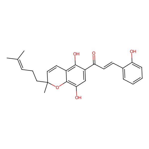 2D Structure of (E)-1-[(2R)-5,8-dihydroxy-2-methyl-2-(4-methylpent-3-enyl)chromen-6-yl]-3-(2-hydroxyphenyl)prop-2-en-1-one