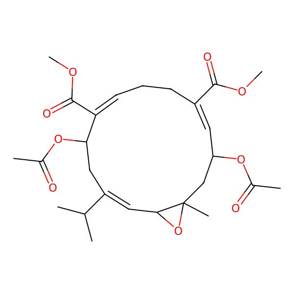 2D Structure of dimethyl (1S,3R,4Z,8Z,10R,12E,14S)-3,10-diacetyloxy-1-methyl-12-propan-2-yl-15-oxabicyclo[12.1.0]pentadeca-4,8,12-triene-5,9-dicarboxylate