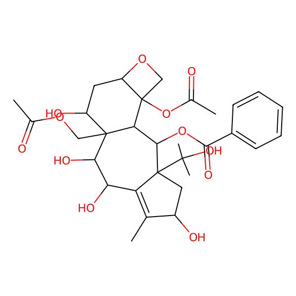 2D Structure of [(1S,3S,10R,13S,16S)-16-acetyloxy-10-(acetyloxymethyl)-5,8,9,11-tetrahydroxy-3-(2-hydroxypropan-2-yl)-6-methyl-14-oxatetracyclo[8.6.0.03,7.013,16]hexadec-6-en-2-yl] benzoate