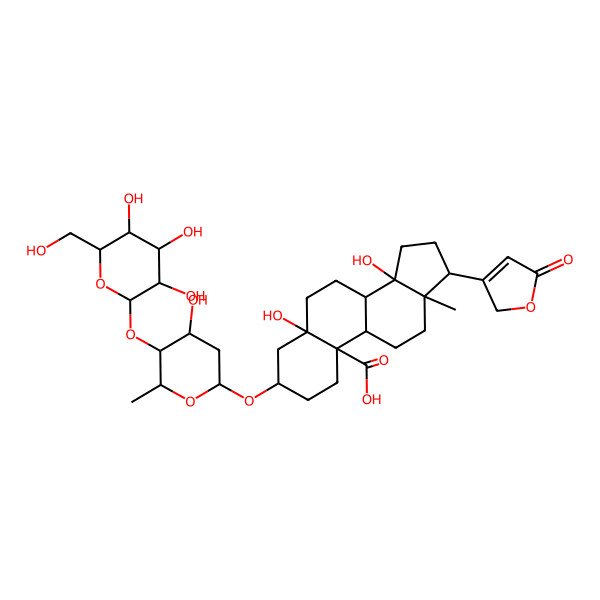 2D Structure of 5,14-dihydroxy-3-[4-hydroxy-6-methyl-5-[3,4,5-trihydroxy-6-(hydroxymethyl)oxan-2-yl]oxyoxan-2-yl]oxy-13-methyl-17-(5-oxo-2H-furan-3-yl)-2,3,4,6,7,8,9,11,12,15,16,17-dodecahydro-1H-cyclopenta[a]phenanthrene-10-carboxylic acid