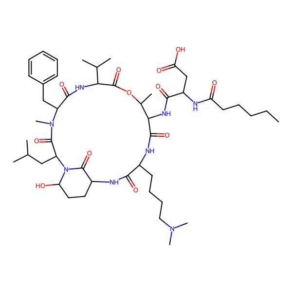 2D Structure of 4-[[(2S,5S,8S,11R,12S,15S)-5-benzyl-15-[4-(dimethylamino)butyl]-21-hydroxy-4,11-dimethyl-2-(2-methylpropyl)-3,6,9,13,16,22-hexaoxo-8-propan-2-yl-10-oxa-1,4,7,14,17-pentazabicyclo[16.3.1]docosan-12-yl]amino]-3-(hexanoylamino)-4-oxobutanoic acid