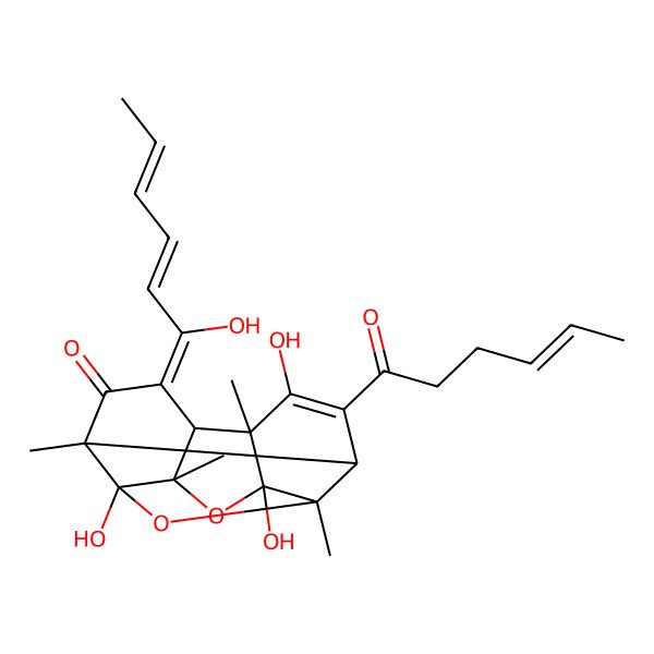 2D Structure of 13-Hex-4-enoyl-3,10,12-trihydroxy-6-(1-hydroxyhexa-2,4-dienylidene)-1,4,8,11-tetramethyl-2,9-dioxapentacyclo[8.4.0.03,8.04,14.07,11]tetradec-12-en-5-one
