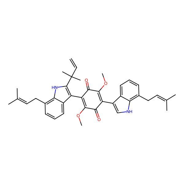 2D Structure of 2,5-dimethoxy-3-[7-(3-methylbut-2-enyl)-1H-indol-3-yl]-6-[2-(2-methylbut-3-en-2-yl)-7-(3-methylbut-2-enyl)-1H-indol-3-yl]cyclohexa-2,5-diene-1,4-dione
