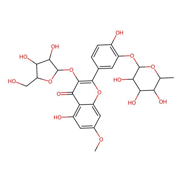 2D Structure of 3-[(2S,3R,4R,5S)-3,4-dihydroxy-5-(hydroxymethyl)oxolan-2-yl]oxy-5-hydroxy-2-[4-hydroxy-3-[(2R,3S,4R,5S,6S)-3,4,5-trihydroxy-6-methyloxan-2-yl]oxyphenyl]-7-methoxychromen-4-one