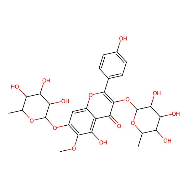 2D Structure of 5-hydroxy-2-(4-hydroxyphenyl)-6-methoxy-7-[(2S,3S,4S,5R,6R)-3,4,5-trihydroxy-6-methyloxan-2-yl]oxy-3-[(2S,3S,4S,5R,6S)-3,4,5-trihydroxy-6-methyloxan-2-yl]oxychromen-4-one