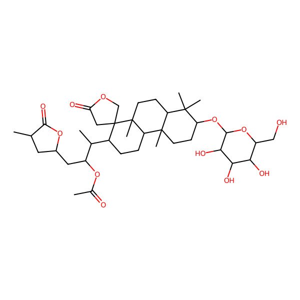 2D Structure of [3-[4b,8,8,10a-Tetramethyl-2'-oxo-7-[3,4,5-trihydroxy-6-(hydroxymethyl)oxan-2-yl]oxyspiro[2,3,4,4a,5,6,7,8a,9,10-decahydrophenanthrene-1,4'-oxolane]-2-yl]-1-(4-methyl-5-oxooxolan-2-yl)butan-2-yl] acetate