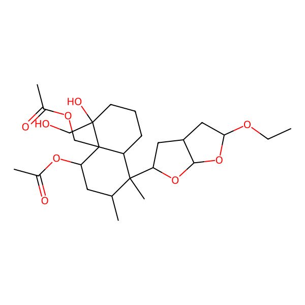 2D Structure of [5-acetyloxy-8-(5-ethoxy-2,3,3a,4,5,6a-hexahydrofuro[2,3-b]furan-2-yl)-4-hydroxy-4-(hydroxymethyl)-7,8-dimethyl-2,3,5,6,7,8a-hexahydro-1H-naphthalen-4a-yl]methyl acetate