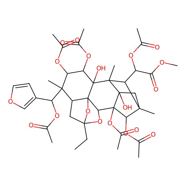 2D Structure of Methyl 2-acetyloxy-2-[1,9,10,17-tetraacetyloxy-8-[acetyloxy(furan-3-yl)methyl]-5-ethyl-11,16-dihydroxy-8,12,14-trimethyl-4,18-dioxahexacyclo[12.2.1.12,5.03,7.03,11.012,16]octadecan-13-yl]acetate