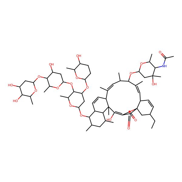 2D Structure of N-[(2S,3S,4S,6R)-6-[[(1S,3R,6S,7E,9S,11E,13S,16S,17S,18S,20S,21R,22S,23E)-17-[(2S,4R,5R,6R)-5-[(2R,4R,5S,6R)-5-[(2R,4R,5S,6R)-4,5-dihydroxy-6-methyloxan-2-yl]oxy-4-hydroxy-6-methyloxan-2-yl]oxy-4-[(2S,5R,6S)-5-hydroxy-6-methyloxan-2-yl]oxy-6-methyloxan-2-yl]oxy-3-ethyl-23-hydroxy-8,10,12,18,20,22-hexamethyl-25,27-dioxo-26-oxapentacyclo[22.2.1.01,6.013,22.016,21]heptacosa-4,7,11,14,23-pentaen-9-yl]oxy]-4-hydroxy-2,4-dimethyloxan-3-yl]acetamide