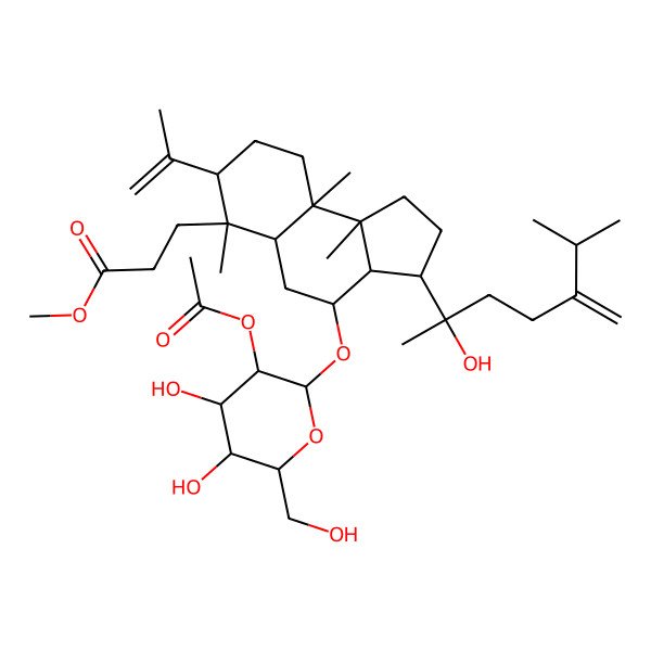 2D Structure of methyl 3-[(3S,3aR,4R,5aR,6S,7S,9aR,9bR)-4-[(2R,3R,4S,5S,6R)-3-acetyloxy-4,5-dihydroxy-6-(hydroxymethyl)oxan-2-yl]oxy-3-[(2S)-2-hydroxy-6-methyl-5-methylideneheptan-2-yl]-6,9a,9b-trimethyl-7-prop-1-en-2-yl-1,2,3,3a,4,5,5a,7,8,9-decahydrocyclopenta[a]naphthalen-6-yl]propanoate