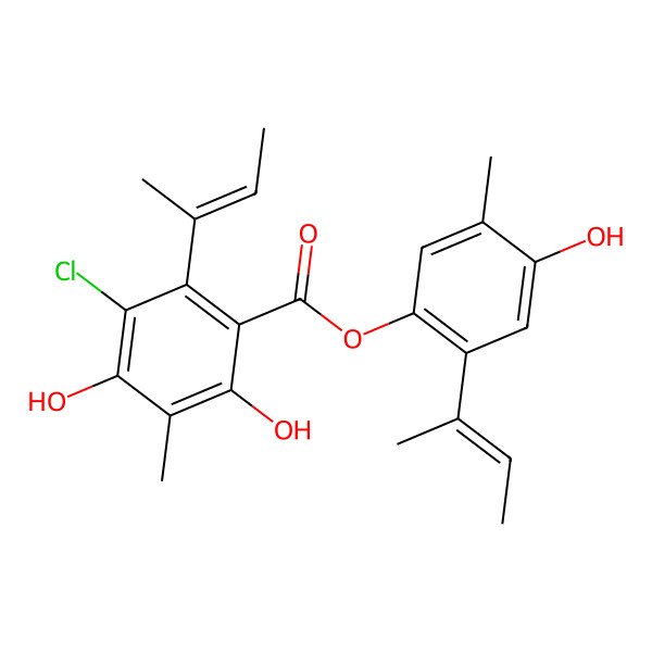 2D Structure of [2-[(E)-but-2-en-2-yl]-4-hydroxy-5-methylphenyl] 2-[(E)-but-2-en-2-yl]-3-chloro-4,6-dihydroxy-5-methylbenzoate