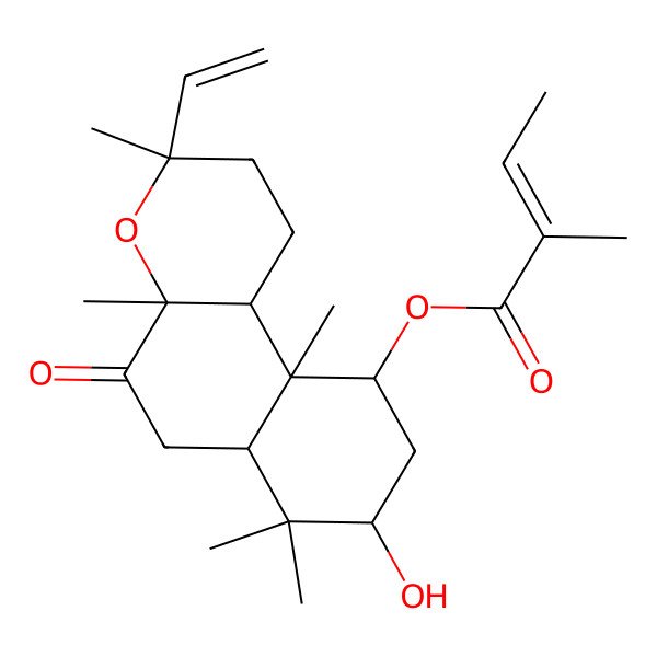 2D Structure of (3-Ethenyl-8-hydroxy-3,4a,7,7,10a-pentamethyl-5-oxo-1,2,6,6a,8,9,10,10b-octahydrobenzo[f]chromen-10-yl) 2-methylbut-2-enoate