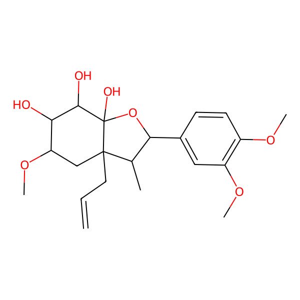 2D Structure of (2R,3S,3aR,5R,6S,7S,7aR)-2-(3,4-dimethoxyphenyl)-5-methoxy-3-methyl-3a-prop-2-enyl-2,3,4,5,6,7-hexahydro-1-benzofuran-6,7,7a-triol 2D Structure of (2R,3S,3aR,5R,6S,7S,7aR)-2-(3,4-dimethoxyphenyl)-5-methoxy-3-methyl-3a-prop-2-enyl-2,3,4,5,6,7-hexahydro-1-benzofuran-6,7,7a-triol