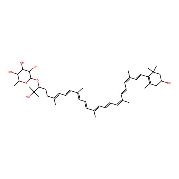 2D Structure of (3S,4R,5S,6S)-2-[(3S,6E,8E,10E,12E,14E,16E,18E,20E,22E,24E)-2-hydroxy-25-[(4R)-4-hydroxy-2,6,6-trimethylcyclohexen-1-yl]-2,6,10,14,19,23-hexamethylpentacosa-6,8,10,12,14,16,18,20,22,24-decaen-3-yl]oxy-6-methyloxane-3,4,5-triol