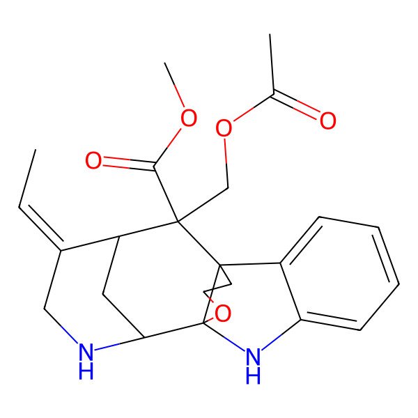 2D Structure of methyl (1S,9R,10S,13E,14R,15R)-15-(acetyloxymethyl)-13-ethylidene-18-oxa-8,11-diazapentacyclo[7.6.3.110,14.01,9.02,7]nonadeca-2,4,6-triene-15-carboxylate
