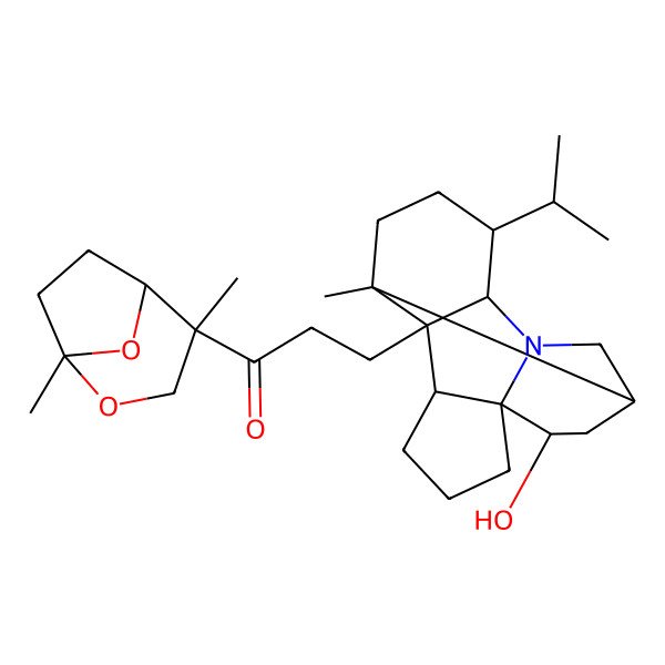 2D Structure of 1-[(1R,4R)-1,4-dimethyl-2,8-dioxabicyclo[3.2.1]octan-4-yl]-3-[(1S,2R,7S)-8-hydroxy-1-methyl-14-propan-2-yl-12-azapentacyclo[8.6.0.02,13.03,7.07,12]hexadecan-2-yl]propan-1-one
