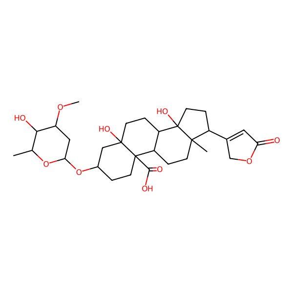 2D Structure of (3S,5S,8R,9S,10S,13R,14S,17R)-5,14-dihydroxy-3-[(2R,4S,5R,6R)-5-hydroxy-4-methoxy-6-methyloxan-2-yl]oxy-13-methyl-17-(5-oxo-2H-furan-3-yl)-2,3,4,6,7,8,9,11,12,15,16,17-dodecahydro-1H-cyclopenta[a]phenanthrene-10-carboxylic acid