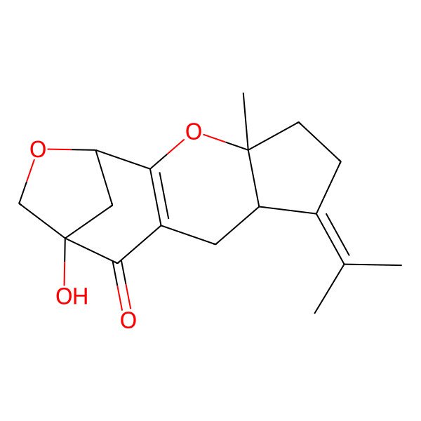 2D Structure of 12-Hydroxy-4-methyl-7-propan-2-ylidene-3,14-dioxatetracyclo[10.2.1.02,10.04,8]pentadec-2(10)-en-11-one