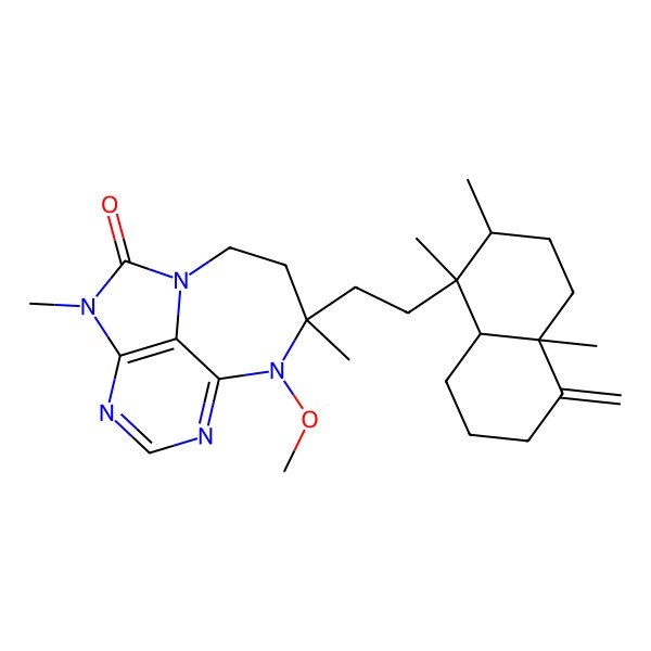 2D Structure of (10S)-10-[2-[(1S,2R,4aS,8aR)-1,2,4a-trimethyl-5-methylidene-3,4,6,7,8,8a-hexahydro-2H-naphthalen-1-yl]ethyl]-9-methoxy-3,10-dimethyl-1,3,5,7,9-pentazatricyclo[6.4.1.04,13]trideca-4(13),5,7-trien-2-one