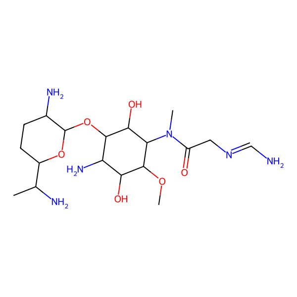 2D Structure of N-[(1R,2S,3R,4R,5S,6R)-4-amino-3-[(2R,3S,6S)-3-amino-6-[(1R)-1-aminoethyl]oxan-2-yl]oxy-2,5-dihydroxy-6-methoxycyclohexyl]-2-(aminomethylideneamino)-N-methylacetamide