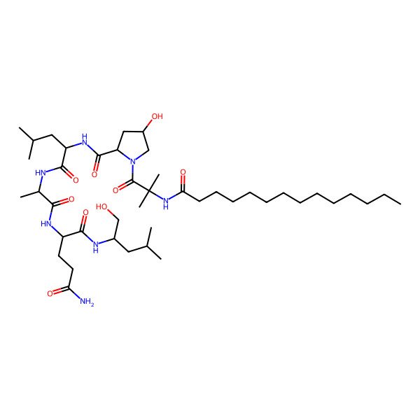 2D Structure of (2S)-N-[(1S)-1-(hydroxymethyl)-3-methyl-butyl]-2-[[(2S)-2-[[(2S)-2-[[(4S)-4-hydroxy-1-[2-methyl-2-(tetradecanoylamino)propanoyl]pyrrolidine-2-carbonyl]amino]-4-methyl-pentanoyl]amino]propanoyl]amino]pentanediamide