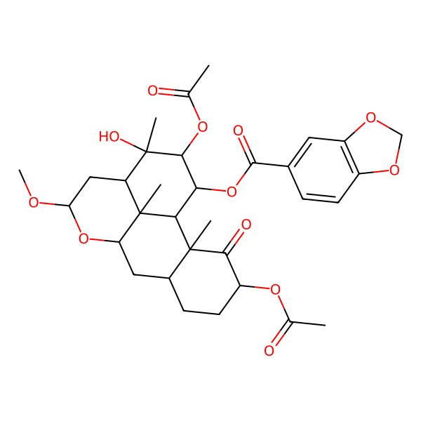 2D Structure of (4,15-Diacetyloxy-14-hydroxy-11-methoxy-2,14,17-trimethyl-3-oxo-10-oxatetracyclo[7.7.1.02,7.013,17]heptadecan-16-yl) 1,3-benzodioxole-5-carboxylate