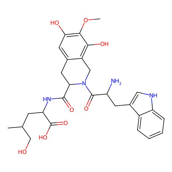 2D Structure of (2S)-2-[[(3S)-2-[(2S)-2-Amino-3-(1H-indol-3-yl)propanoyl]-6,8-dihydroxy-7-methoxy-3,4-dihydro-1H-isoquinoline-3-carbonyl]amino]-5-hydroxy-4-methylpentanoic acid
