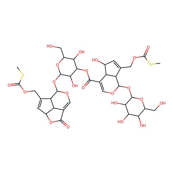 2D Structure of [3,5-Dihydroxy-2-(hydroxymethyl)-6-[[6-(methylsulfanylcarbonyloxymethyl)-2-oxo-3,9-dioxatricyclo[5.3.1.04,11]undeca-1(10),5-dien-8-yl]oxy]oxan-4-yl] 5-hydroxy-7-(methylsulfanylcarbonyloxymethyl)-1-[3,4,5-trihydroxy-6-(hydroxymethyl)oxan-2-yl]oxy-1,4a,5,7a-tetrahydrocyclopenta[c]pyran-4-carboxylate